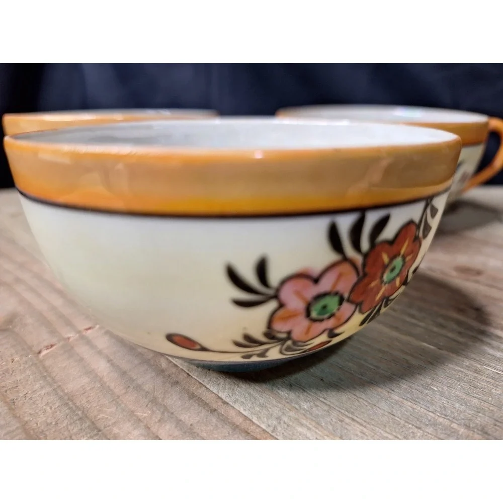 Vintage Japanese Lusterware Teacups Set of‎ 3 Blue Bird Floral Porcelain Japan